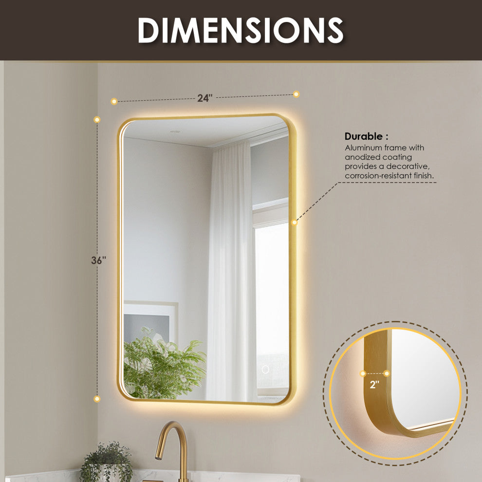 Dazzle Rectangular Bathroom/Vanity LED Lighted Wall Mirror, Brushed Gold, 24"
