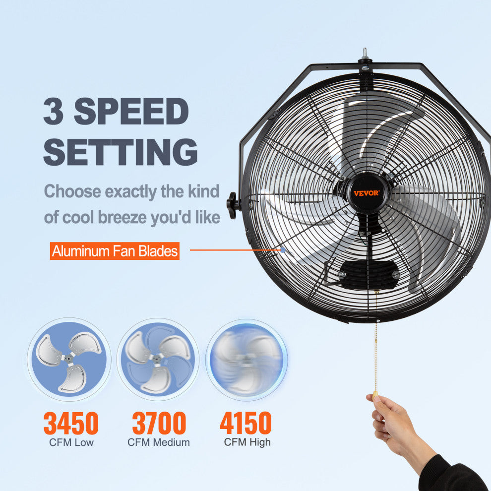VEVOR Industrial Wall Mount Fan Oscillating Metal Fan 3 Speed, 18"œ Waterproof