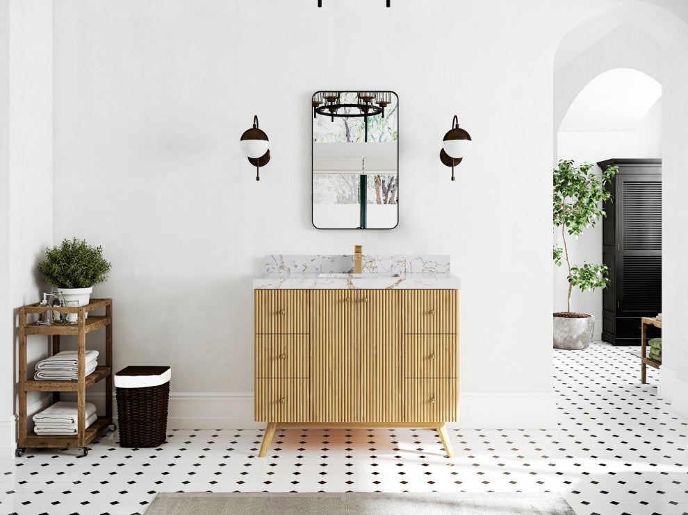 Pasadena 42 Single Sink Bath Vanity in Light Natural Teak 2" Viola Gold