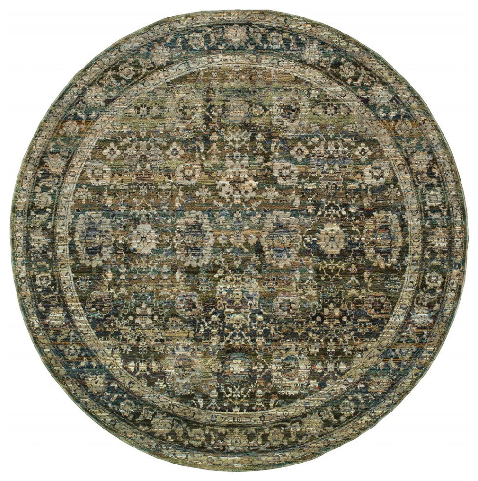 HomeRoots 7'' Round Green and Brown Distressed Floral Indoor Area Rug