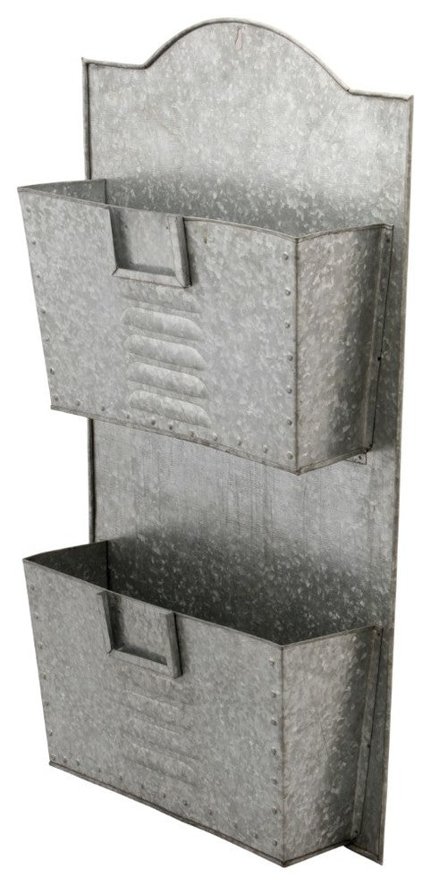 Benzara BM03179 Galvanized Metal Two Tier Wall Pocket Organizer, Gray