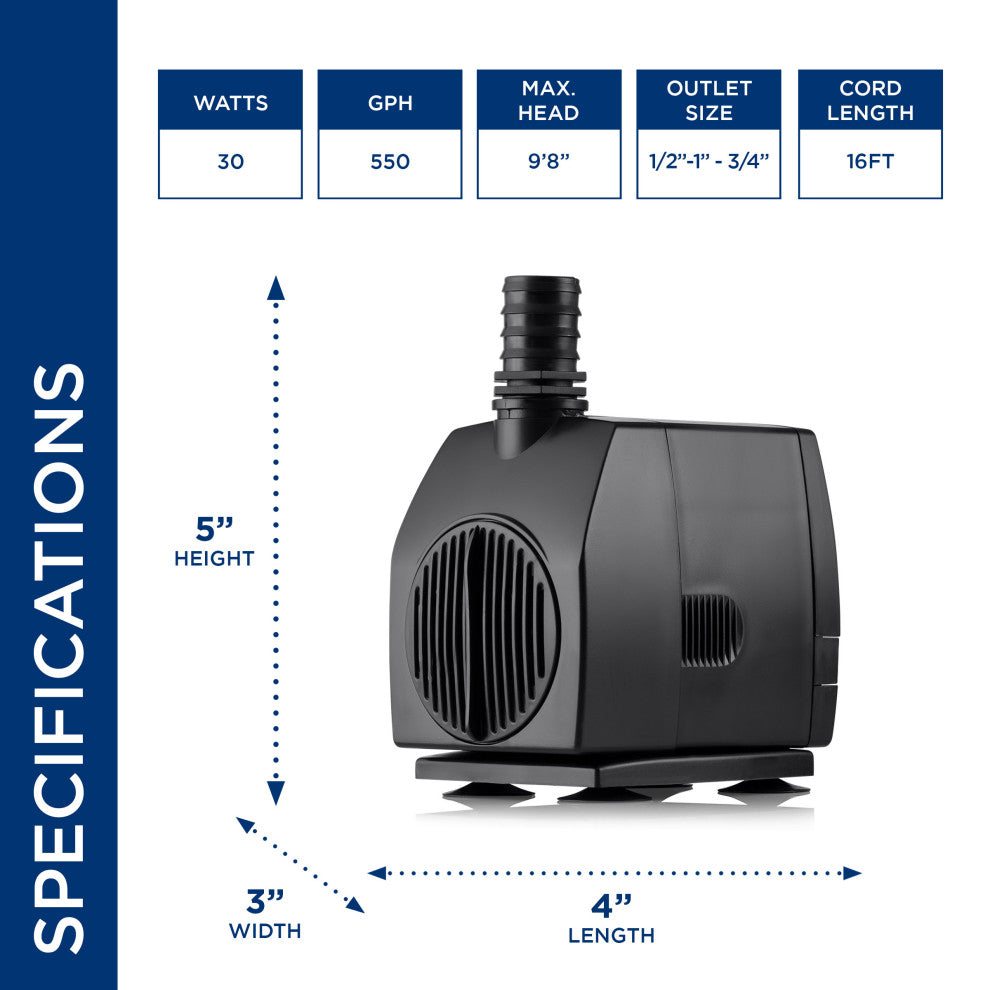 Stream Pump Submersible 550 GPH With 16-Foot Cord
