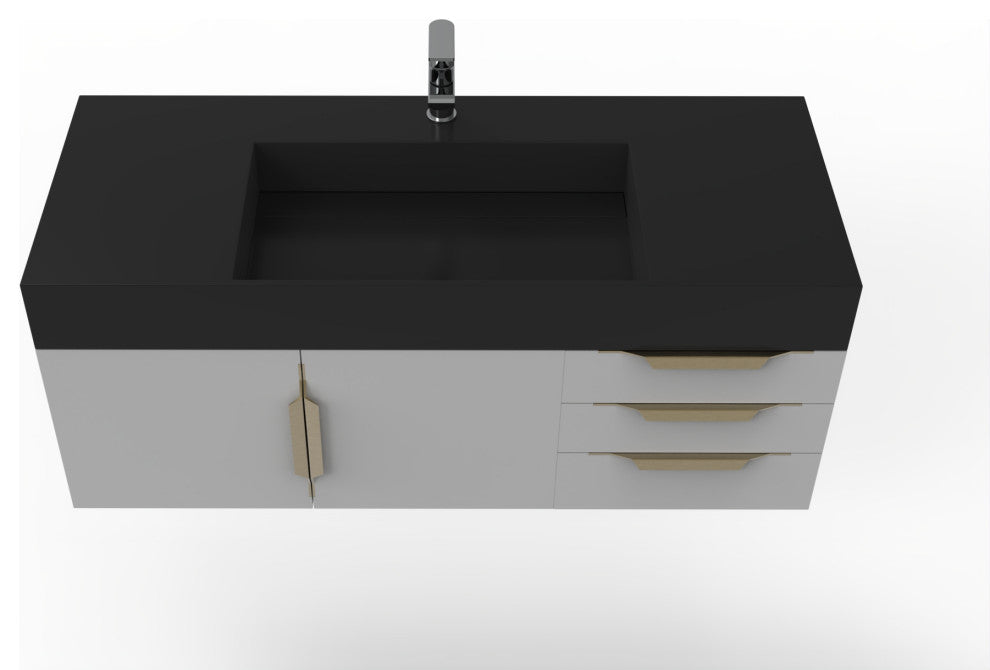 CastelloUSA Amazon 48" Wall Mounted Vanity Set, Gray, Black Top, Gold Handles