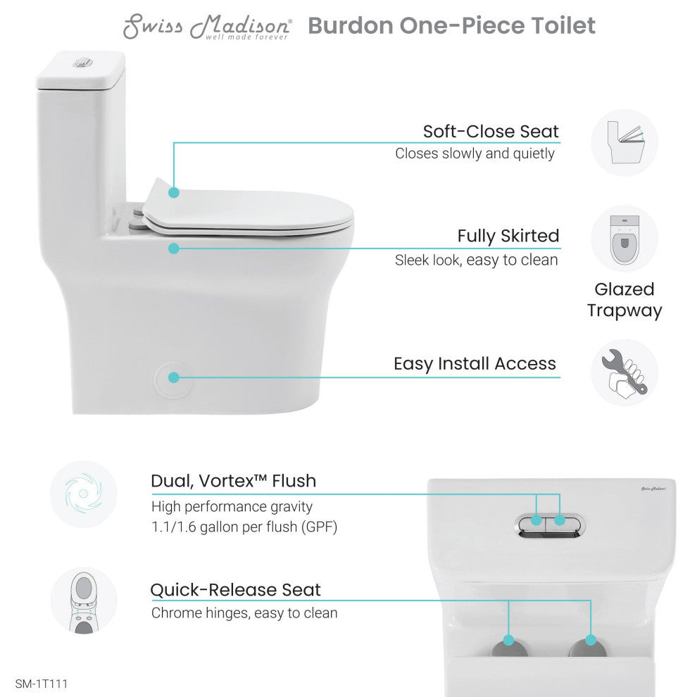 Burdon One-Piece Square Toilet Dual Flush 0.8/1.28 GPF, Glossy White
