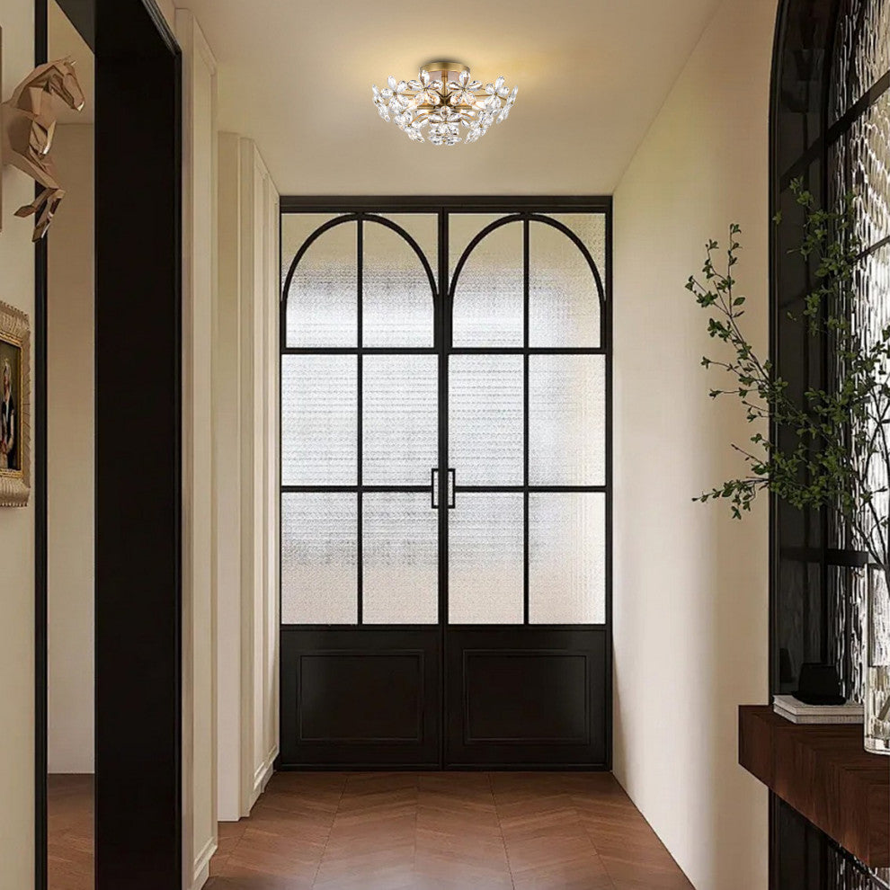 Grace 6-Light Crystal Glass Flower Flush Mount, Brushed Brass Finish