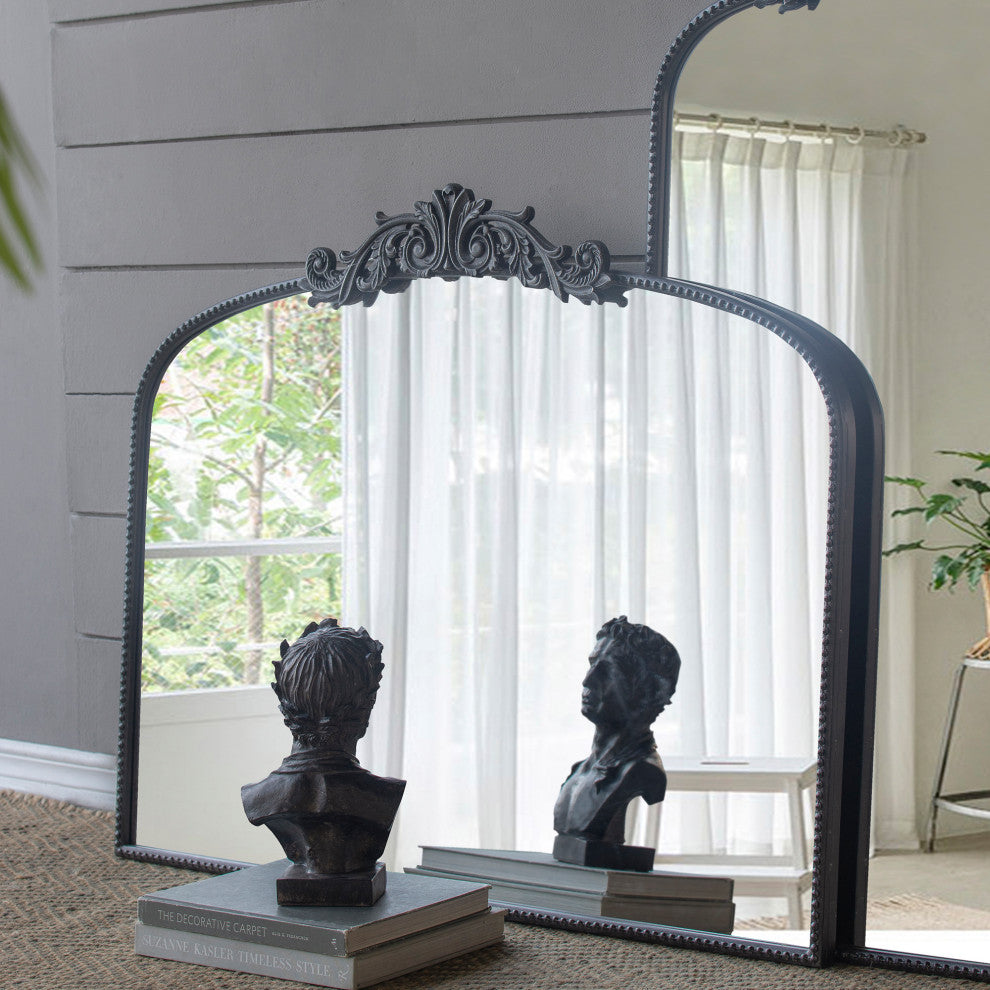 Gewnee 40"x31" Classic Design Gold Arch Mirror And Baroque Inspired Frame, Black