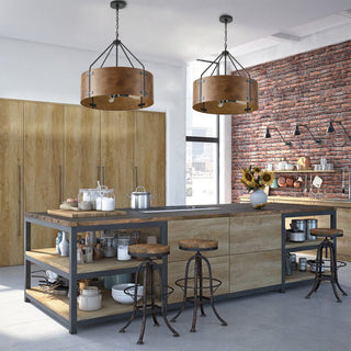 Matte Black 4-Light Metal Pendant Light With Brown Drum Shade