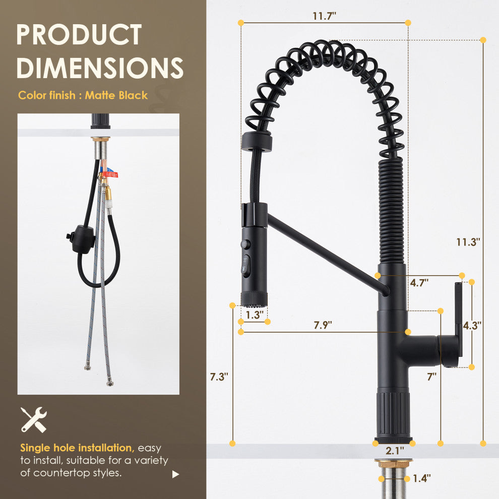 Nette Single-Handle Kitchen Faucet With Pull Down Sprayer, Matte Black
