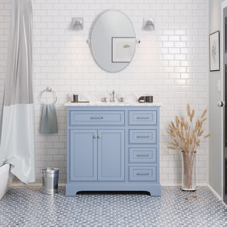 Aria 36" Bathroom Vanity, Powder Blue, Carrara Marble