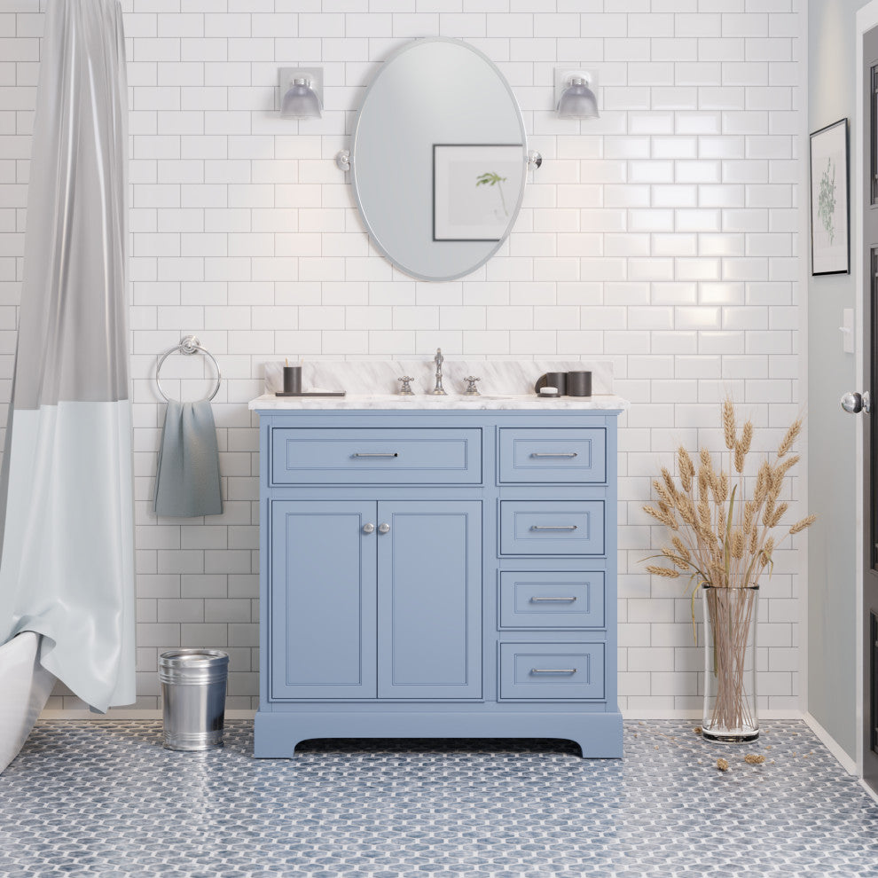 Aria 36" Bathroom Vanity, Powder Blue, Carrara Marble