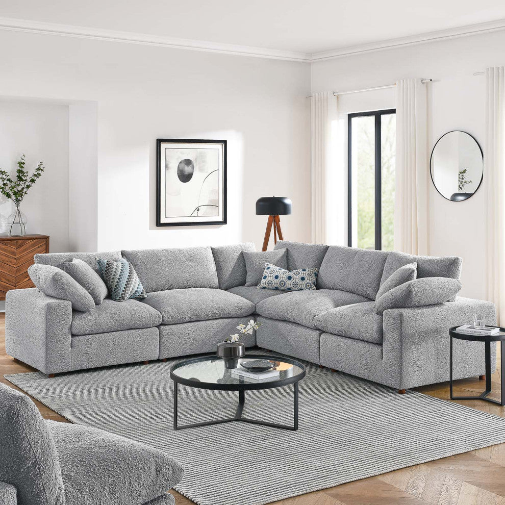Commix Down Filled Overstuffed Boucle 5-Piece Sectional Sofa, Light Gray