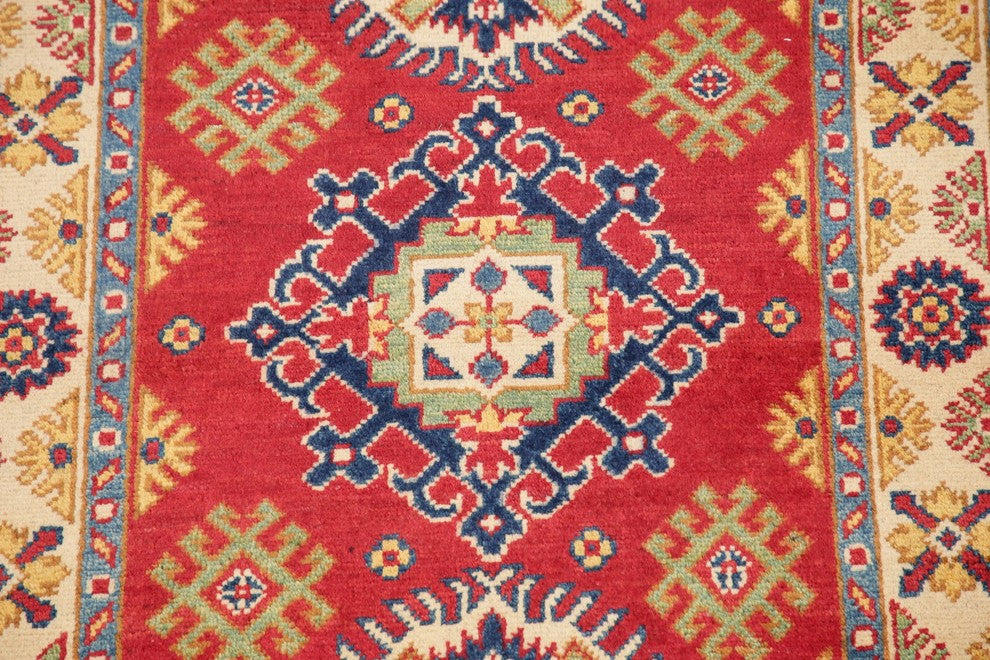Traditional Pakistani Kazak Wool Hand-Knotted Oriental Area Rug, Red, 4'0"X2'9"