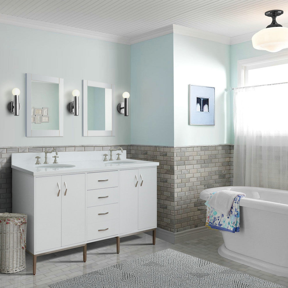 61" Double Sink Vanity, White Finish With Engineered Stone Top And Oval Sink