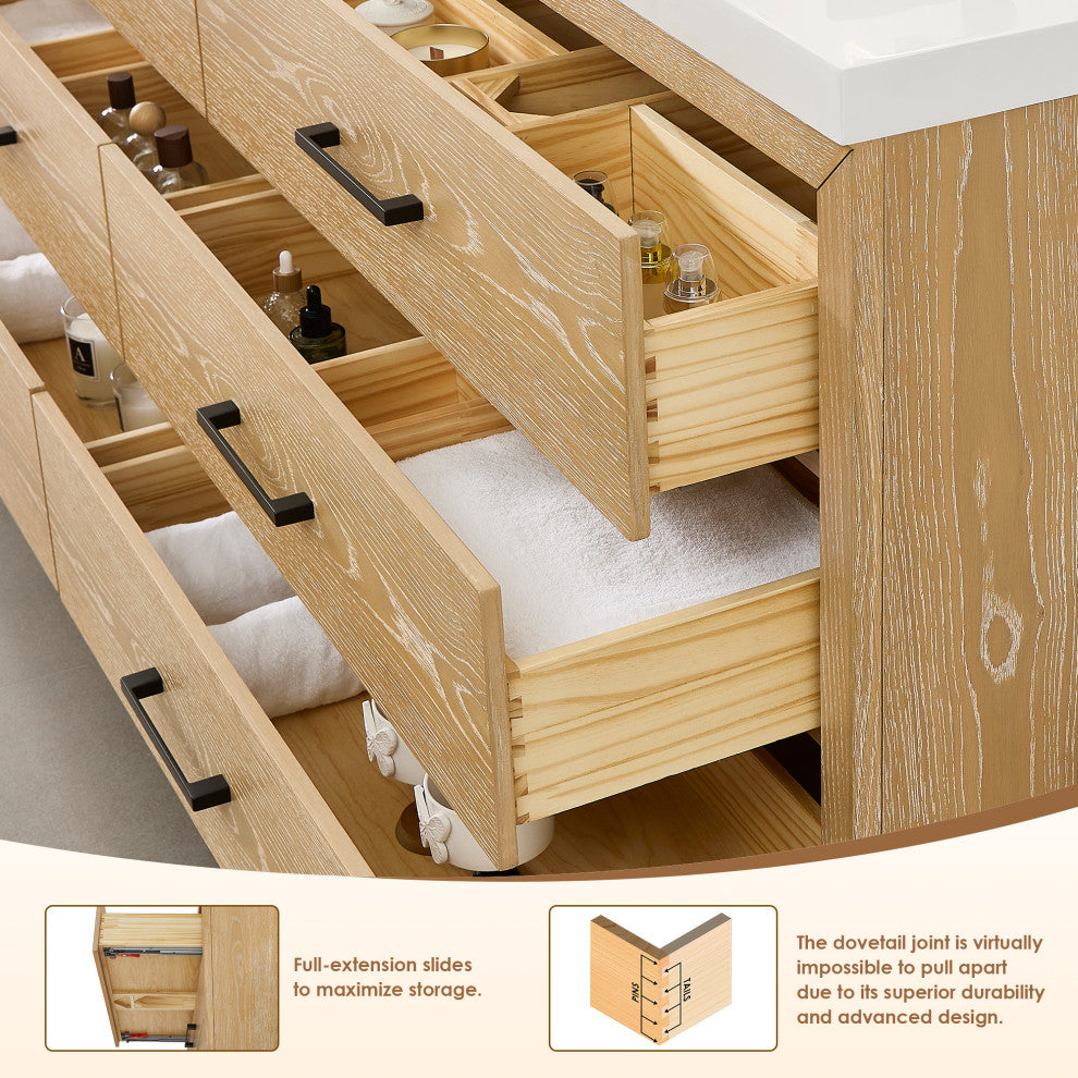 Sigrid Bathroom Vanity, White Oak, 60", No Mirror