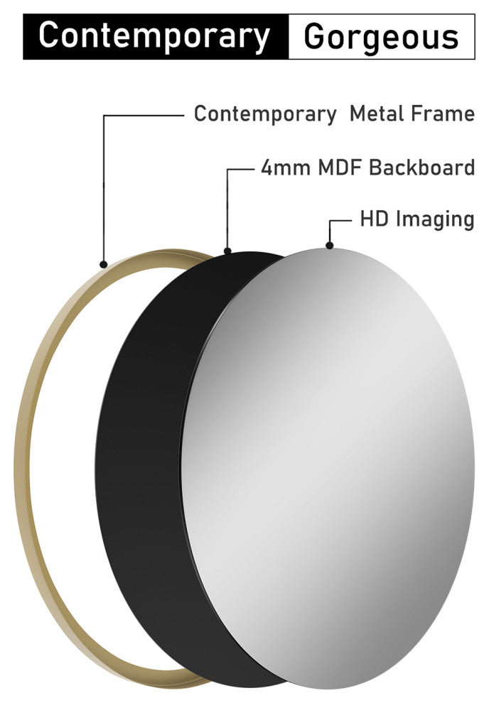 Round Framed Wall Mounted Bathroom Vanity Mirror, Gold, 32x32