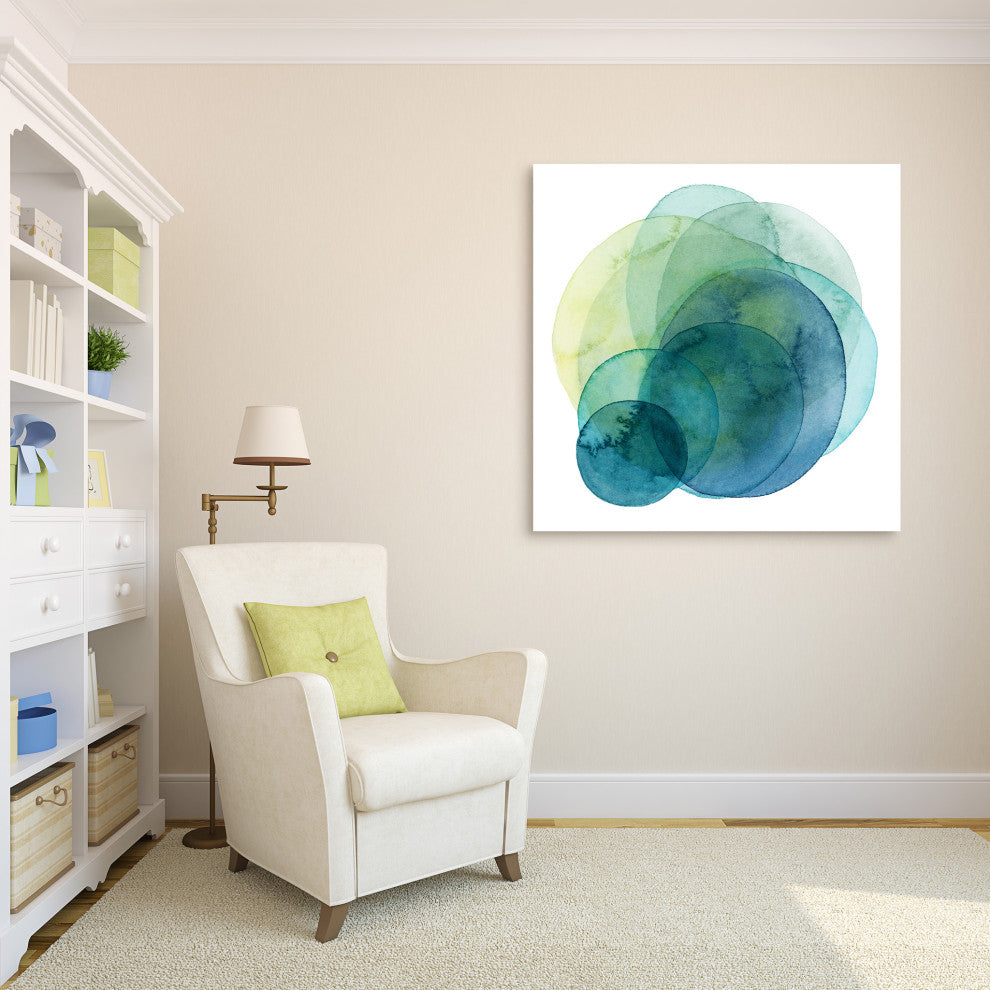 "Evolving Planets" Abstract Blue Wall Art Unframed Free Floating Tempered Glass