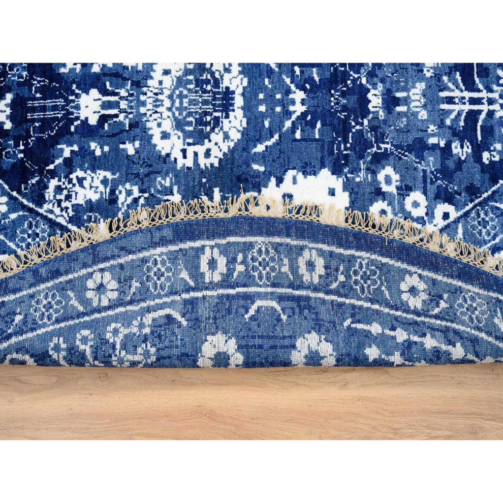 Denim Blue, Wool and Silk Hand Knotted, Tabriz Round Oriental Rug, 8'2"x8'2"