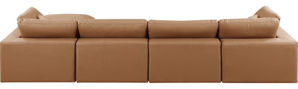 Comfy Upholstered L-Shaped Modular Sectional, Cognac, 5-Piece: 2 Armless Chair, 2 Corner Chair, 1 Ottoman, Vegan Leather