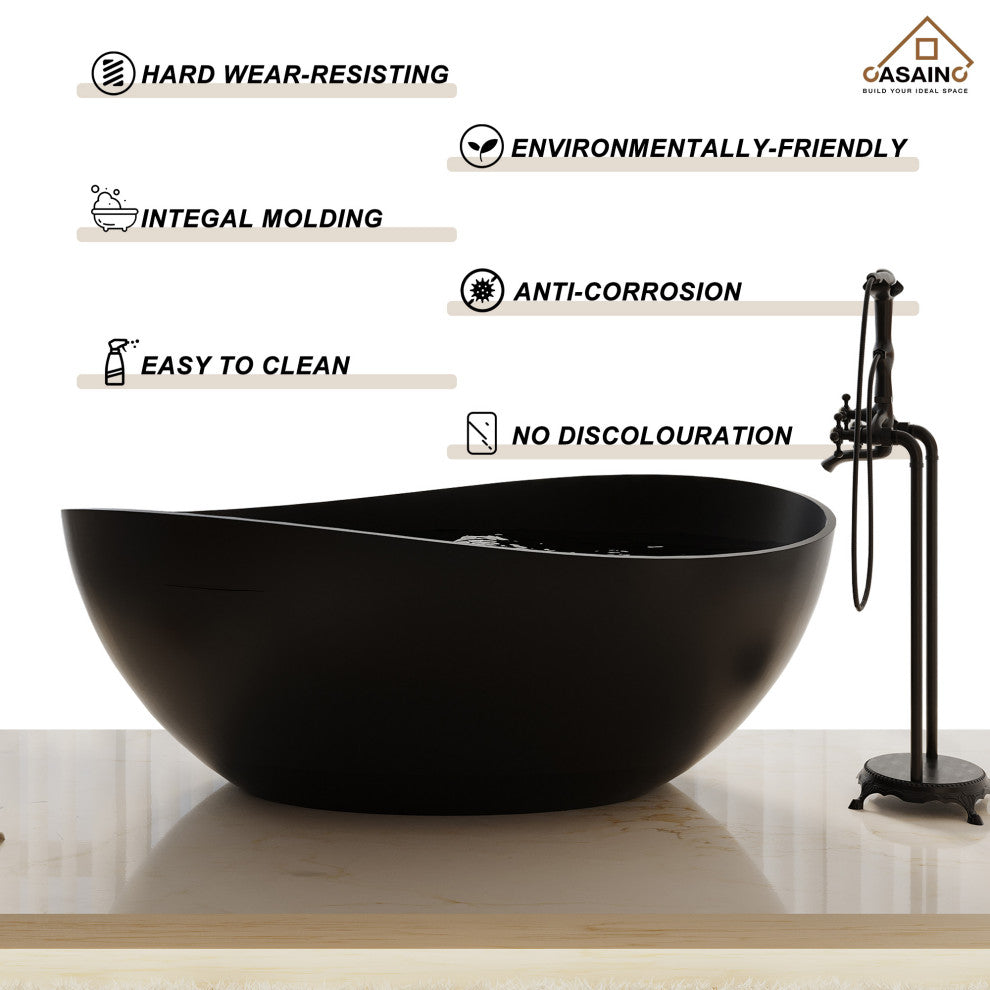 63in Solid Surface Freestanding Bathtub in Matte White, Matte Black