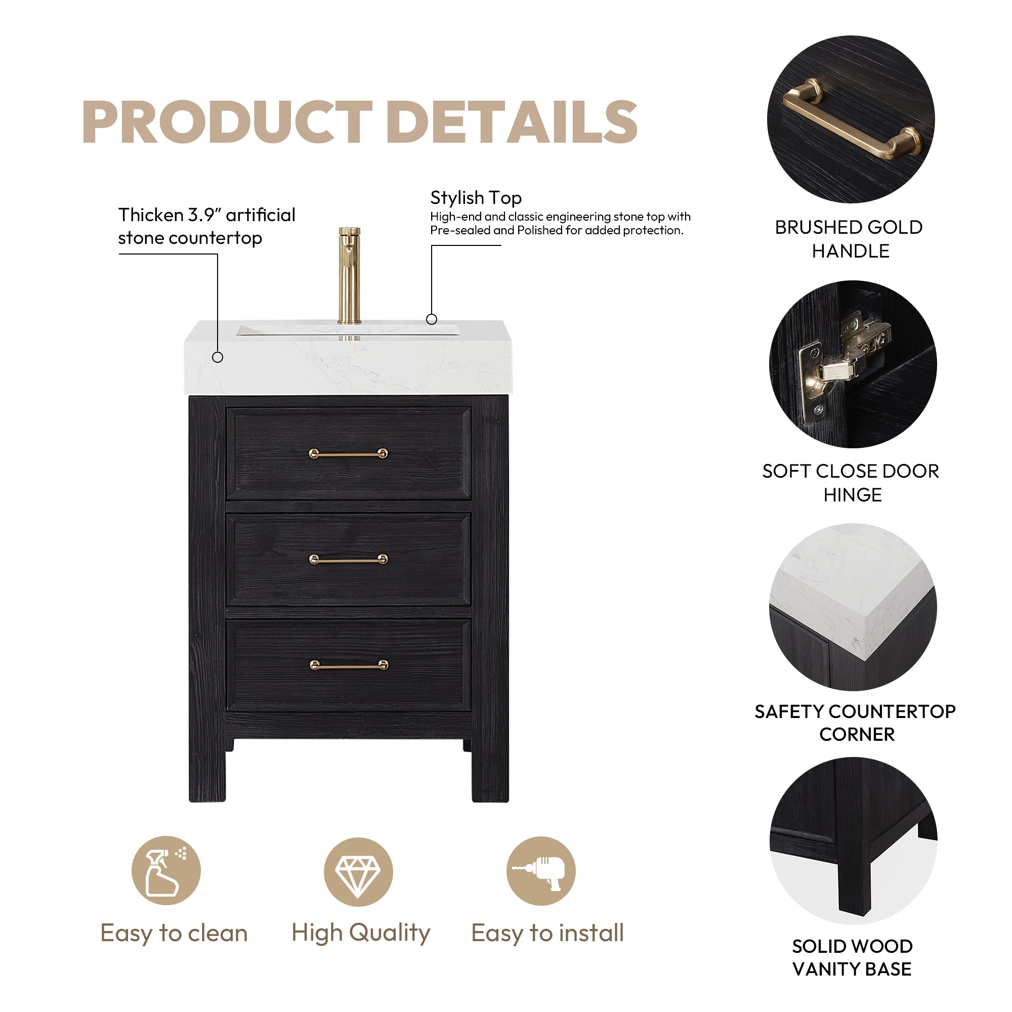 Leon Bath Vanity With Composite Stone Top, Fir Wood Black, 24", With Mirror