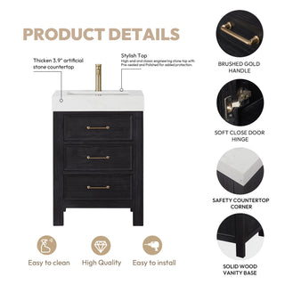 Leon Bath Vanity With Composite Stone Top, Fir Wood Black, 24", With Mirror