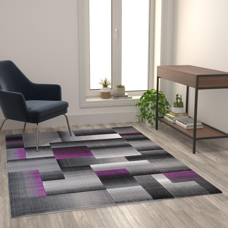 Elio Collection Color Blocked Area Rug, Purple, 5' X 7'