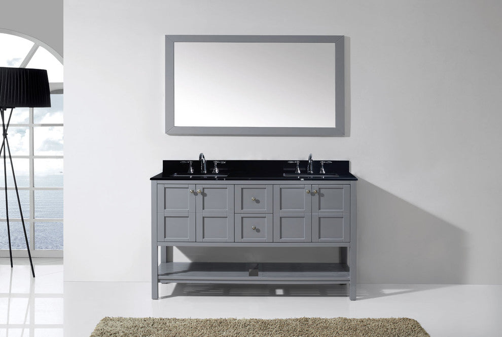 Virtu Winterfell 60" Double Bathroom Vanity, Gray , Black Granite Top, Mirror