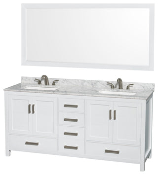 Sheffield 72" White DBL Vanity,Carrara Marble Top,3-Hole Square Sinks,70" Mirror