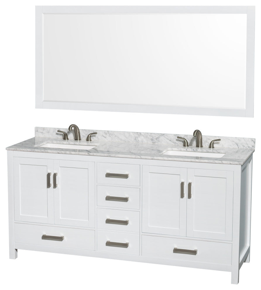 Sheffield 72" White DBL Vanity,Carrara Marble Top,3-Hole Square Sinks,70" Mirror