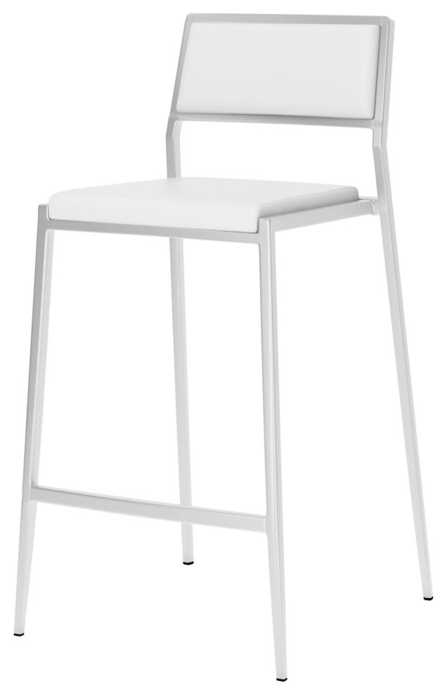 Counter Stool Chair, Set of 2, Faux Vinyl Leather, Steel, White, Silver, Cafe