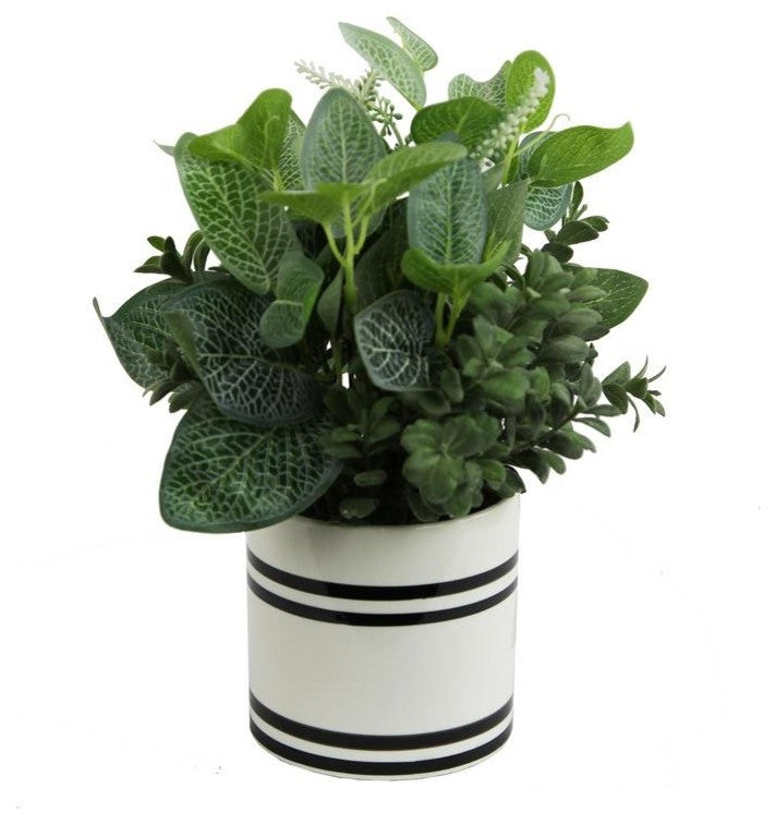 Admired By Nature Artificial Mixed Garden Foliage Plant With Striped Ceramic Pot
