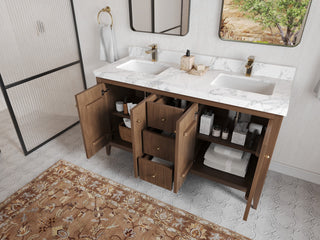 Atlanta Teak 60" Double Sink Bath Vanity, Dark Natural 2" White Quartz