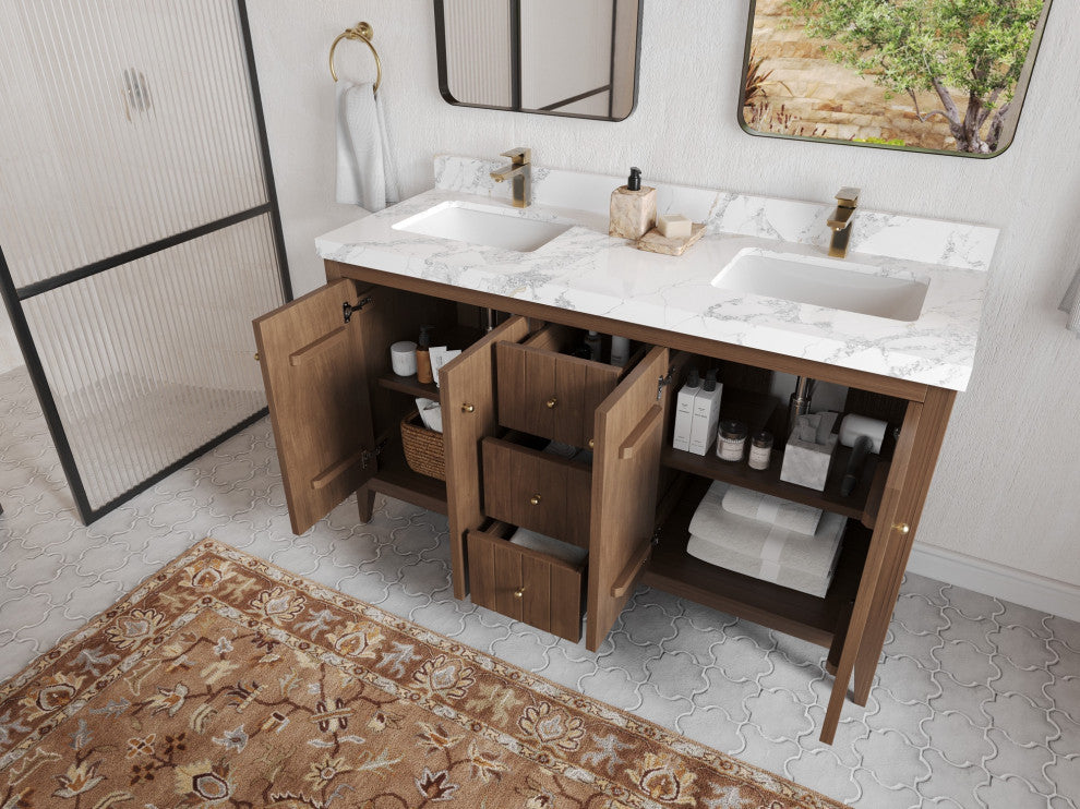 Atlanta Teak 60" Double Sink Bath Vanity, Dark Natural 2" White Quartz