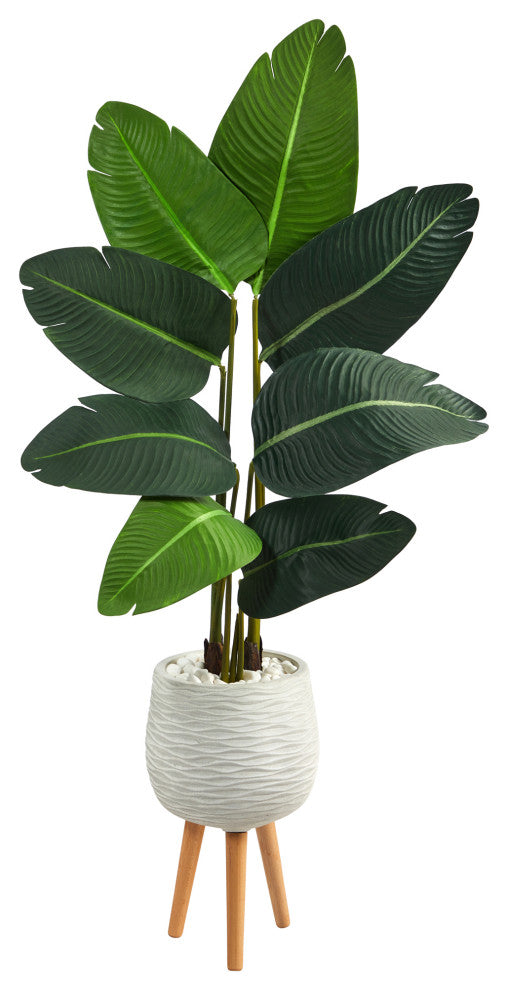 5'' Travelers Palm Artificial Tree, White Planter With Stand