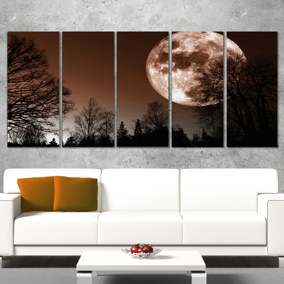 Red Moon Rise over Dark Trees, Landscape Canvas Art Print, 60"x28", 5 Panels