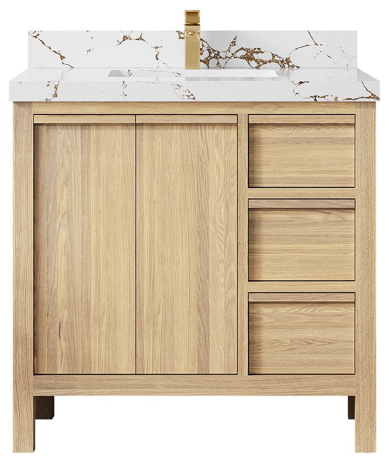 Elizabeth Oak 36" Center Sink Vanity, White 2" Viola Brown