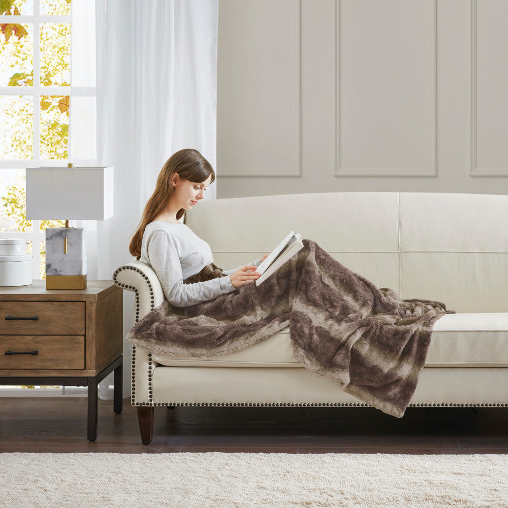 Madison Park Faux Tip Dyed Brushed Long Fur Throw, Brown