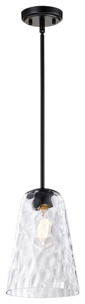 1-Light Matte Black 8 in. Mini Pendant With Hammered Glass Shade