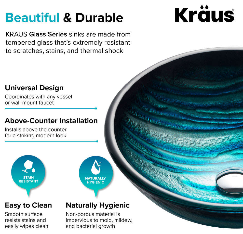 Nature Series 17" Round Blue Glass Vessel 19mm Bathroom Sink