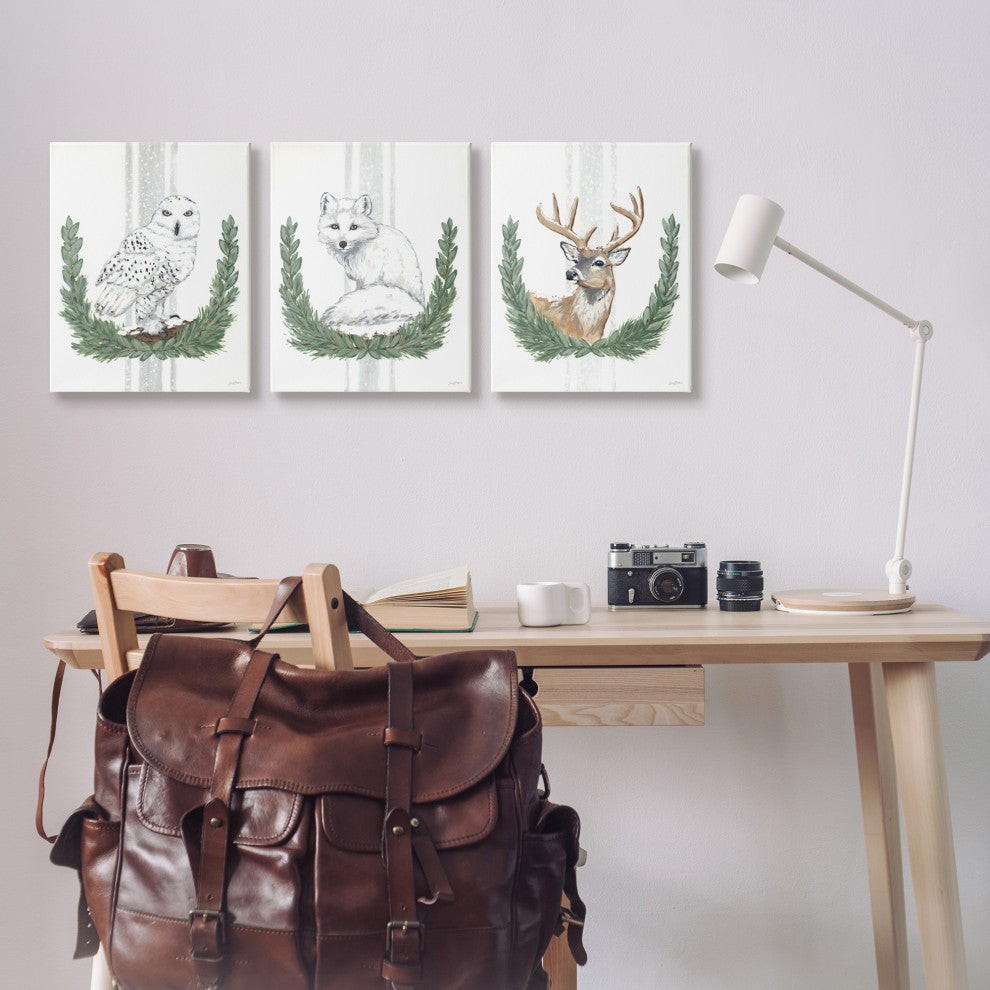 Arctic Animals Botanical Leaves Portrait Snowy Owl Deer Fox, 3pc, each 16 x 20