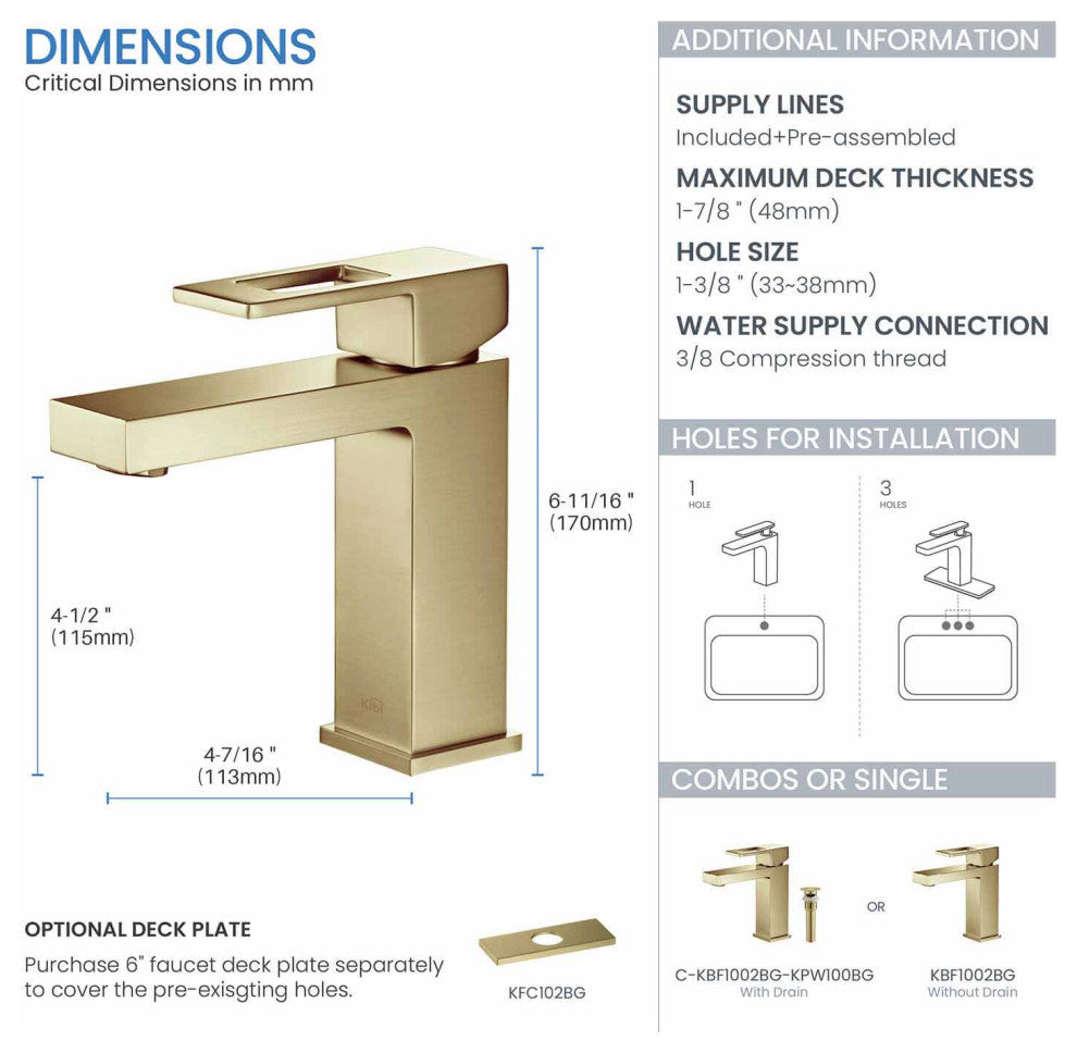 Cubic Single Hole Bathroom Faucet KBF1002, Brush Gold, W/ Drain
