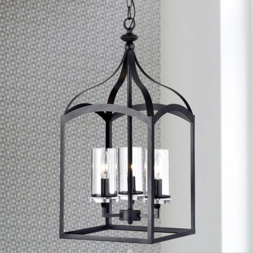3-Light Antique Black Lantern Pendant Chandelier With Glass Shades