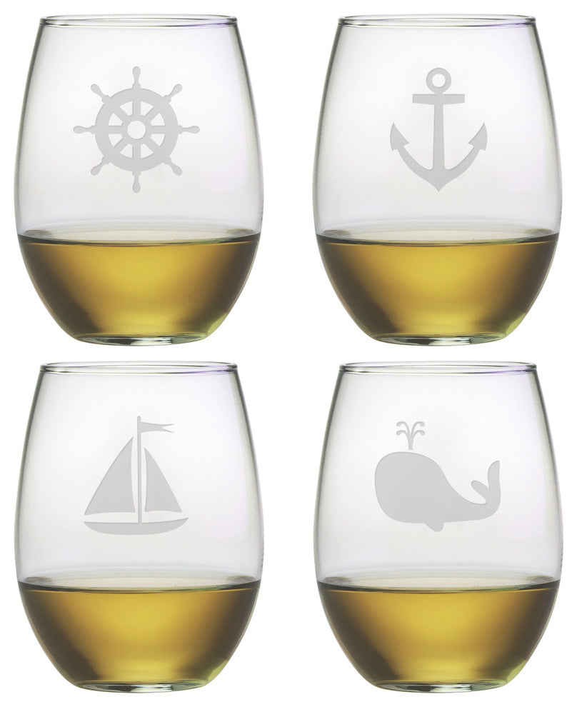 Nautical Icons 4-Piece Stemless Wine Glass Set