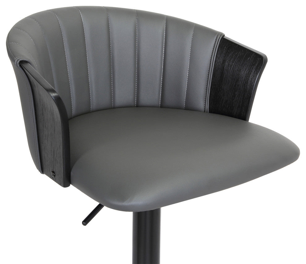 Lydia Adjustable Black Wood Bar Stool, Gray Faux Leather With Black Metal