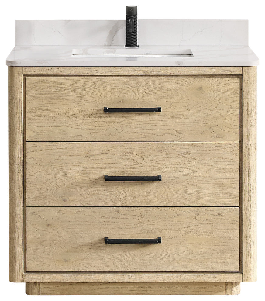 Porto Bath Vanity with White Quartz Stone Top, Natural Oak, 36 in., No Mirror