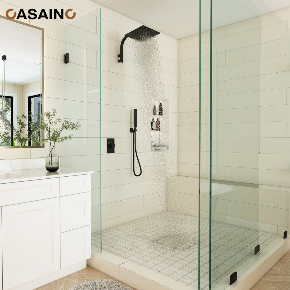 10inch Wall Mounted Rain Shower System With Handheld & Unique Shower Arm, Matte Black