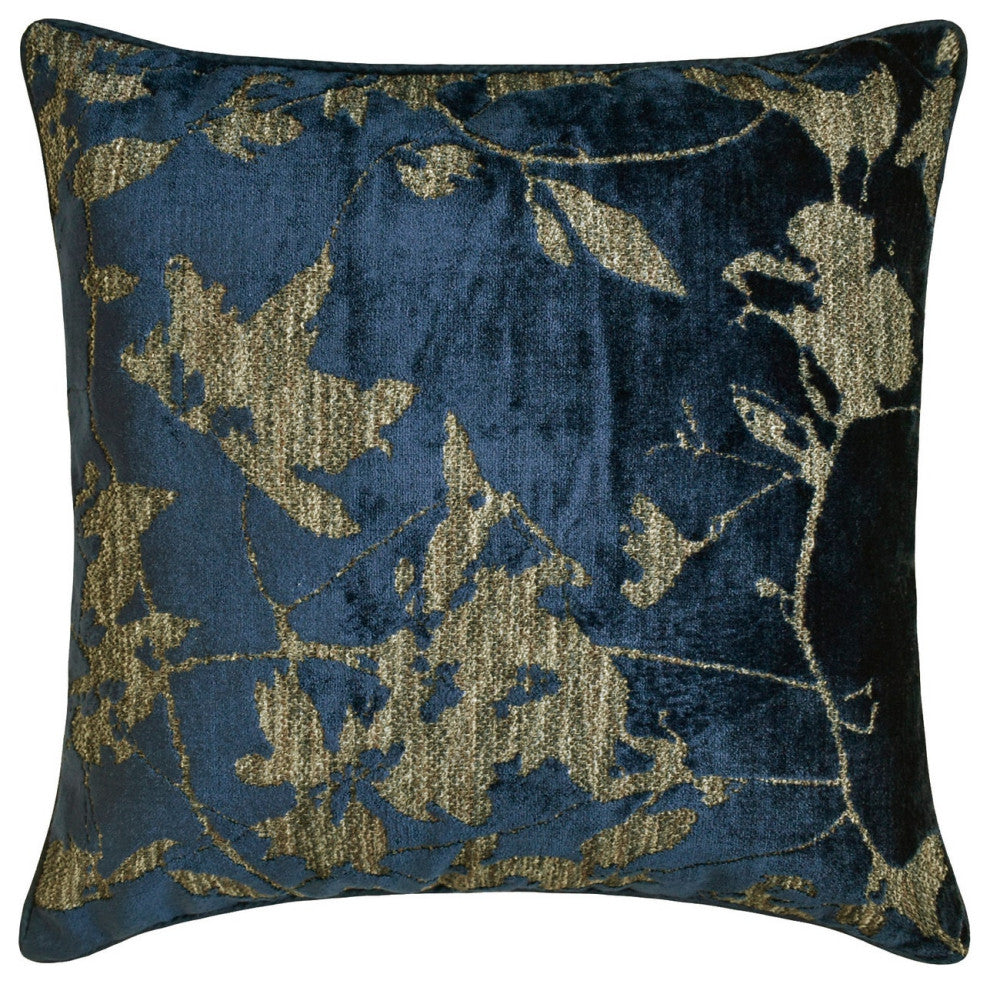 Blue Velvet Floral Cushion Cover 22"x22" Throw Pillow Cover - Azraq