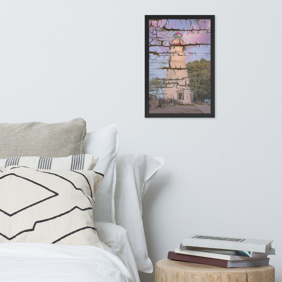 Faux Wood Texture Marblehead Lighthouse at Sunset Framed Photo Wall Art Print, Black, 12" X 18"