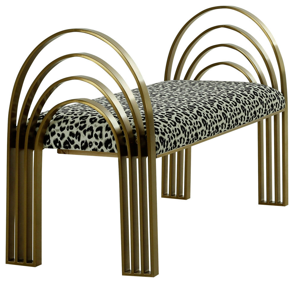 Mavis Velvet Bench, Art Deco Entryway Bench, Glam Luxe Gold Bed Bench, Leopard