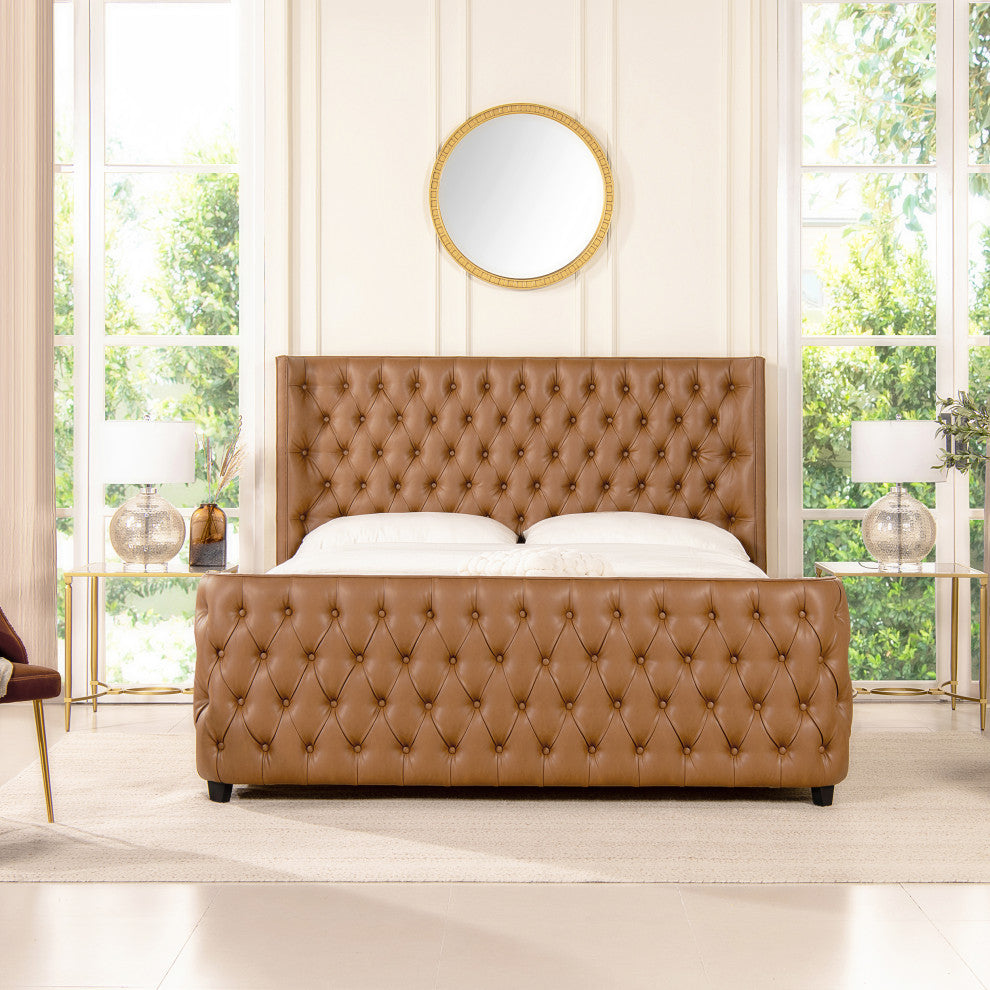 Brooklyn Tufted Sheltered Wingback Panel Bed, Caramel Tan Brown, King